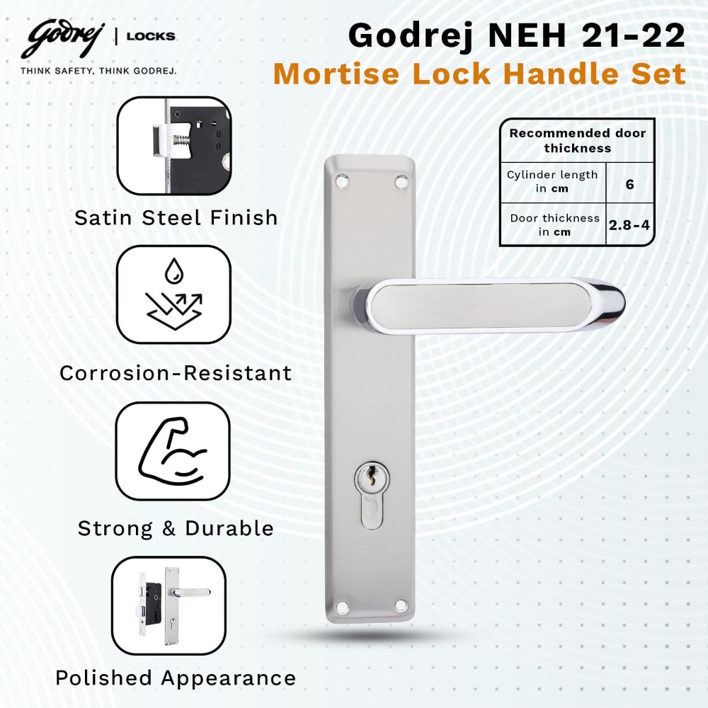 Godrej Mortise Lock|Handle Lock Set for Main & Internal Door of Home & Offices|NEH 21|Satin Steel Finish|8 inch Lockbody|60 mm Cylinder Key from Outside knob from Inside with 3 Keys|5 Years Warranty